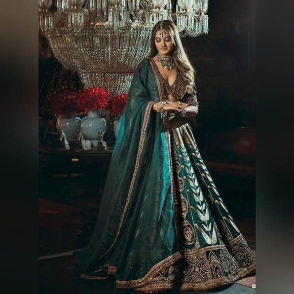 Emerald Green Net Sequence Chinon Lehenga for Mehendi - Rent